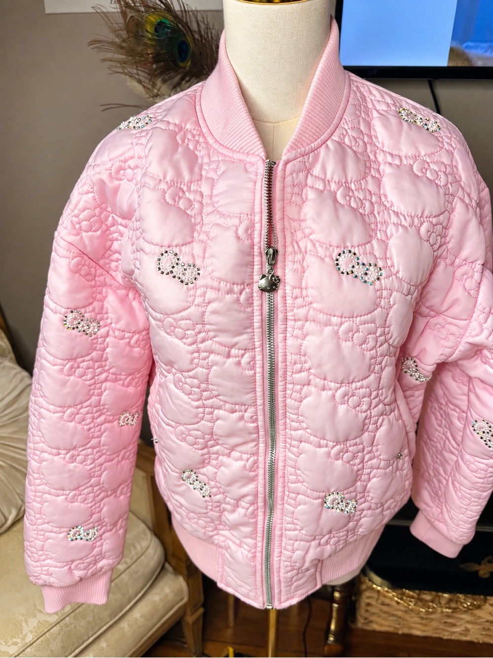 Hello Kitty 50th Anniversary Pink Rhinestone Quilted Bomber Jacket Medium